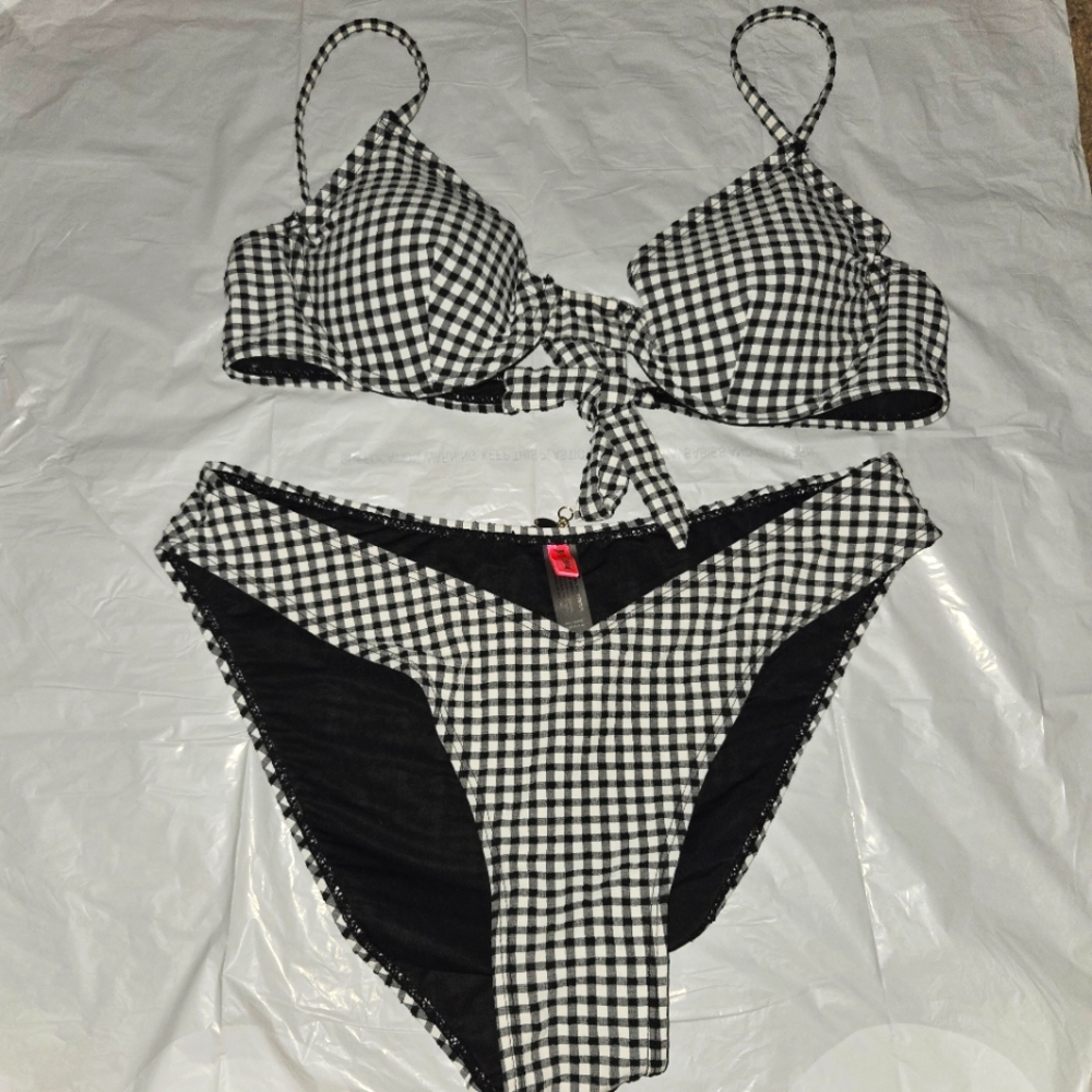 Betsey Johnson Black and White Gingham Bikini Size L